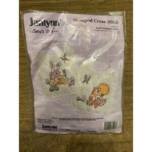 VTG Janlynn Suzy’s Zoo Stamped Cross Stitch Craft Kit Baby Bibs “Baby’s Friends”